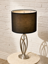 Load image into Gallery viewer, Modern Sculptural Silver Table Lamp with Black Drum Shade
