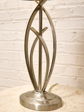 Load image into Gallery viewer, Modern Sculptural Silver Table Lamp with Black Drum Shade
