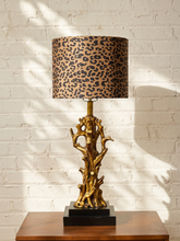 Load image into Gallery viewer, Gilded Tree Trunk Table Lamp with Leopard Print Shade and Black Base
