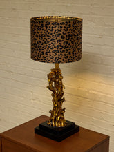 Load image into Gallery viewer, Gilded Tree Trunk Table Lamp with Leopard Print Shade and Black Base
