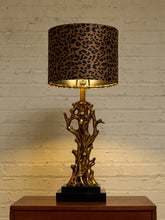 Load image into Gallery viewer, Gilded Tree Trunk Table Lamp with Leopard Print Shade and Black Base
