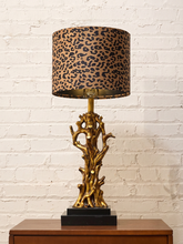Load image into Gallery viewer, Gilded Tree Trunk Table Lamp with Leopard Print Shade and Black Base
