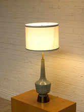Load image into Gallery viewer, Vintage Mid-Century Crackle Glaze Ceramic Table Lamp with Brass Base
