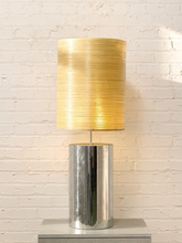 Load image into Gallery viewer, Chrome Cylinder Table Lamp with Tall Gold Grasscloth Shade
