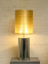 Load image into Gallery viewer, Chrome Cylinder Table Lamp with Tall Gold Grasscloth Shade
