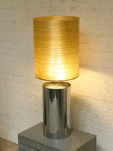 Load image into Gallery viewer, Chrome Cylinder Table Lamp with Tall Gold Grasscloth Shade
