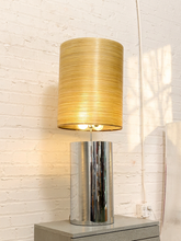 Load image into Gallery viewer, Chrome Cylinder Table Lamp with Tall Gold Grasscloth Shade
