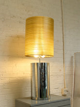 Load image into Gallery viewer, Chrome Cylinder Table Lamp with Tall Gold Grasscloth Shade
