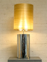Load image into Gallery viewer, Chrome Cylinder Table Lamp with Tall Gold Grasscloth Shade
