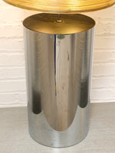 Load image into Gallery viewer, Chrome Cylinder Table Lamp with Tall Gold Grasscloth Shade
