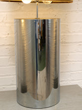 Load image into Gallery viewer, Chrome Cylinder Table Lamp with Tall Gold Grasscloth Shade
