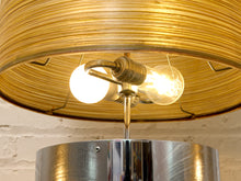 Load image into Gallery viewer, Chrome Cylinder Table Lamp with Tall Gold Grasscloth Shade
