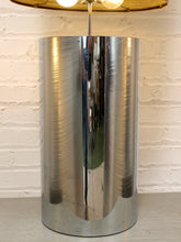 Load image into Gallery viewer, Chrome Cylinder Table Lamp with Tall Gold Grasscloth Shade
