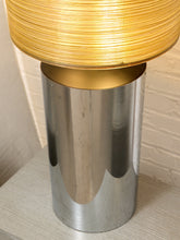 Load image into Gallery viewer, Chrome Cylinder Table Lamp with Tall Gold Grasscloth Shade
