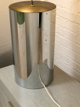 Load image into Gallery viewer, Chrome Cylinder Table Lamp with Tall Gold Grasscloth Shade
