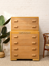 Load image into Gallery viewer, Vintage Art Deco Blonde Wood Highboy Dresser with Carved Detail
