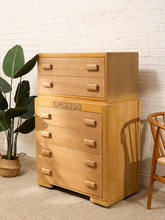 Load image into Gallery viewer, Vintage Art Deco Blonde Wood Highboy Dresser with Carved Detail
