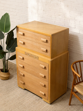 Load image into Gallery viewer, Vintage Art Deco Blonde Wood Highboy Dresser with Carved Detail
