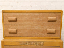 Load image into Gallery viewer, Vintage Art Deco Blonde Wood Highboy Dresser with Carved Detail
