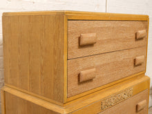 Load image into Gallery viewer, Vintage Art Deco Blonde Wood Highboy Dresser with Carved Detail
