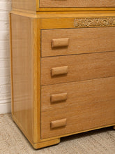 Load image into Gallery viewer, Vintage Art Deco Blonde Wood Highboy Dresser with Carved Detail
