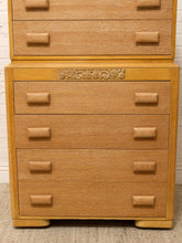 Load image into Gallery viewer, Vintage Art Deco Blonde Wood Highboy Dresser with Carved Detail
