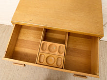 Load image into Gallery viewer, Vintage Art Deco Blonde Wood Highboy Dresser with Carved Detail

