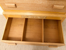 Load image into Gallery viewer, Vintage Art Deco Blonde Wood Highboy Dresser with Carved Detail
