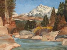 Load image into Gallery viewer, Vintage Mountain River Landscape Painting with Bridge
