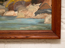 Load image into Gallery viewer, Vintage Mountain River Landscape Painting with Bridge
