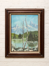 Load image into Gallery viewer, Vintage Framed Mountain Lake Landscape Painting with Birch Trees
