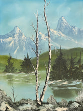 Load image into Gallery viewer, Vintage Framed Mountain Lake Landscape Painting with Birch Trees

