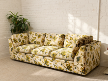 Load image into Gallery viewer, Vintage 1970s Floral Velvet Sofa in Olive &amp; Gold
