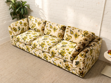 Load image into Gallery viewer, Vintage 1970s Floral Velvet Sofa in Olive &amp; Gold

