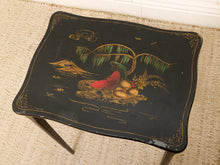 Load image into Gallery viewer, Vintage Chinoiserie Black Lacquer Side Table with Hand-Painted Asian Scene

