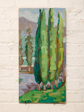 Load image into Gallery viewer, Original Aaron Donovan expressionist landscape painting with tall green cypress trees, lavender sky, and thick impasto brushwork.

Era:  Contemporary
Style:  Expressionist · Contemporary Landscape · Impasto · Plein Air Inspired
Designer/Maker:  Aaron Donovan
