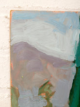 Load image into Gallery viewer, An abstract textured painting with thick brushstrokes in light blue, gray, lavender, green, and orange, shown against a white textured wall.
