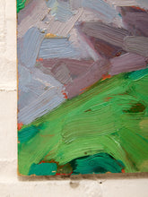 Load image into Gallery viewer, Close-up of an abstract textured painting with thick brushstrokes in green, blue-gray, lavender, and brown tones, mounted against a white wall.

