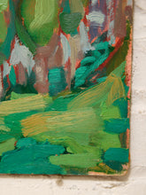 Load image into Gallery viewer, Close-up of an expressive oil painting showing textured brushstrokes in shades of green, teal, yellow, brown, and white, mounted on a white brick wall.
