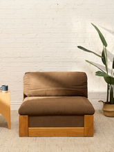 Load image into Gallery viewer, Vintage 1970s Oak Lounge Chair in Brown Upholstery
