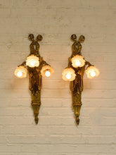 Load image into Gallery viewer, Pair Vintage Louis XVI Style Figural Three-Light Wall Sconces
