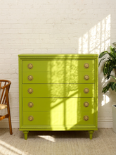 Load image into Gallery viewer, Vintage Chartreuse Highboy Dresser with Ornate Brass Rosette Pulls
