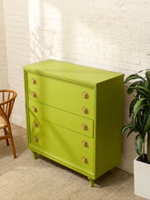 Load image into Gallery viewer, Vintage Chartreuse Highboy Dresser with Ornate Brass Rosette Pulls
