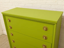 Load image into Gallery viewer, Vintage Chartreuse Highboy Dresser with Ornate Brass Rosette Pulls
