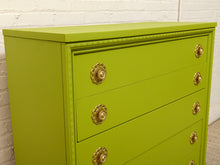 Load image into Gallery viewer, Vintage Chartreuse Highboy Dresser with Ornate Brass Rosette Pulls
