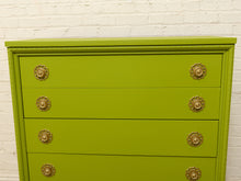 Load image into Gallery viewer, Vintage Chartreuse Highboy Dresser with Ornate Brass Rosette Pulls

