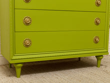 Load image into Gallery viewer, Vintage Chartreuse Highboy Dresser with Ornate Brass Rosette Pulls
