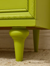 Load image into Gallery viewer, Vintage Chartreuse Highboy Dresser with Ornate Brass Rosette Pulls
