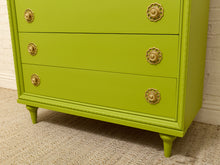 Load image into Gallery viewer, Vintage Chartreuse Highboy Dresser with Ornate Brass Rosette Pulls
