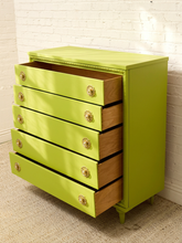 Load image into Gallery viewer, Vintage Chartreuse Highboy Dresser with Ornate Brass Rosette Pulls
